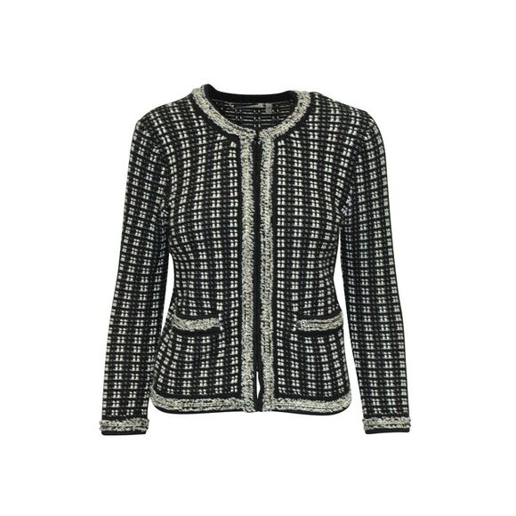 Alice + Olivia Monochrome Tweed Embellished Georgia Jacket in Black Cotton